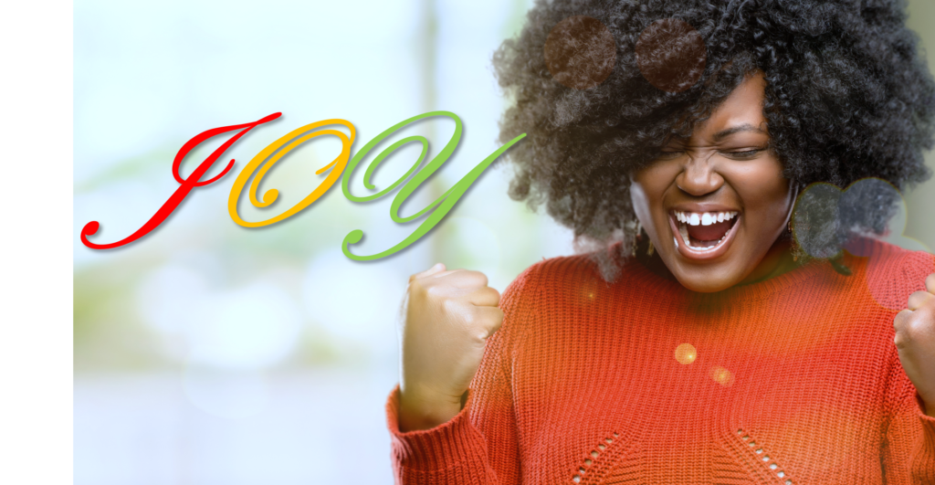 an excited woman with the word JOY